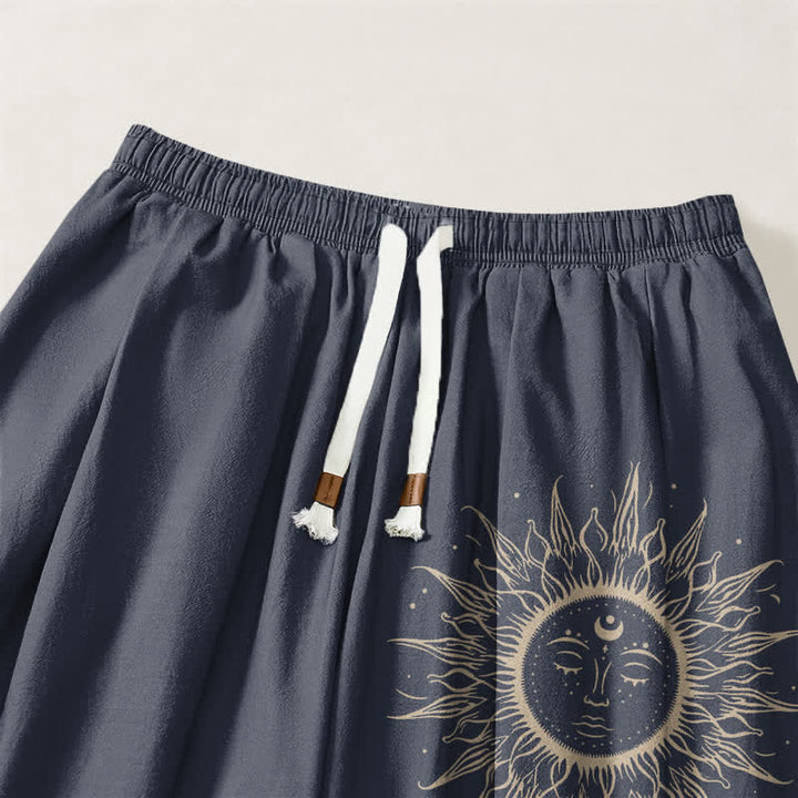 Buddha Stones Herren-Haremshose aus reiner Baumwolle mit Sonnengesicht-Muster, Kordelzug und Taschen - image 9