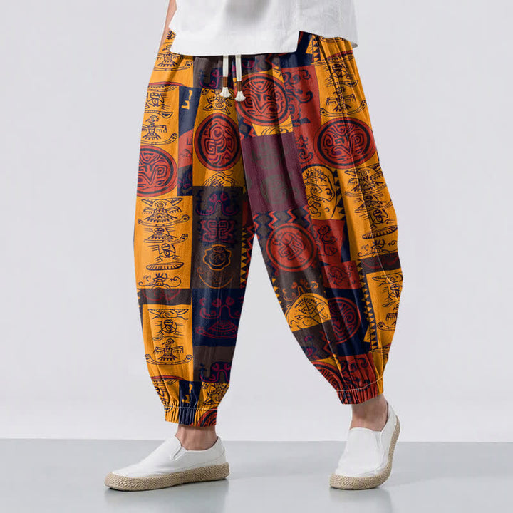 Buddha Stones Herren-Haremshose aus reiner Baumwolle mit Tribal-Medaillon-Patchworkmuster, Kordelzug und Taschen - Goldrute - US/UK/AU50, EU60 (5XL) - image 0