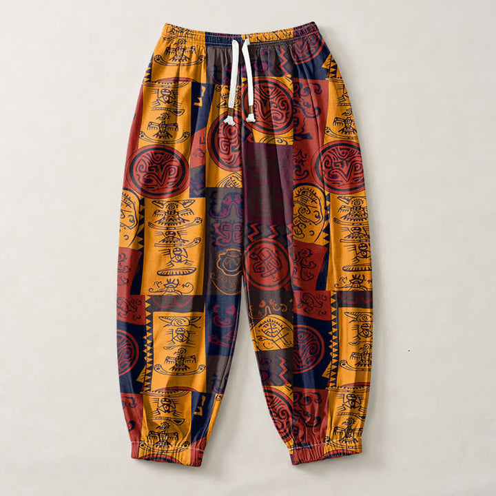 Buddha Stones Herren-Haremshose aus reiner Baumwolle mit Tribal-Medaillon-Patchworkmuster, Kordelzug und Taschen - image 1