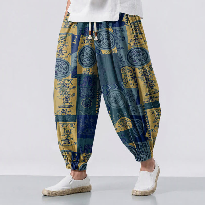 Buddha Stones Herren-Haremshose aus reiner Baumwolle mit Tribal-Medaillon-Patchworkmuster, Kordelzug und Taschen - SteelBlue - US/UK/AU50, EU60 (5XL) - image 6