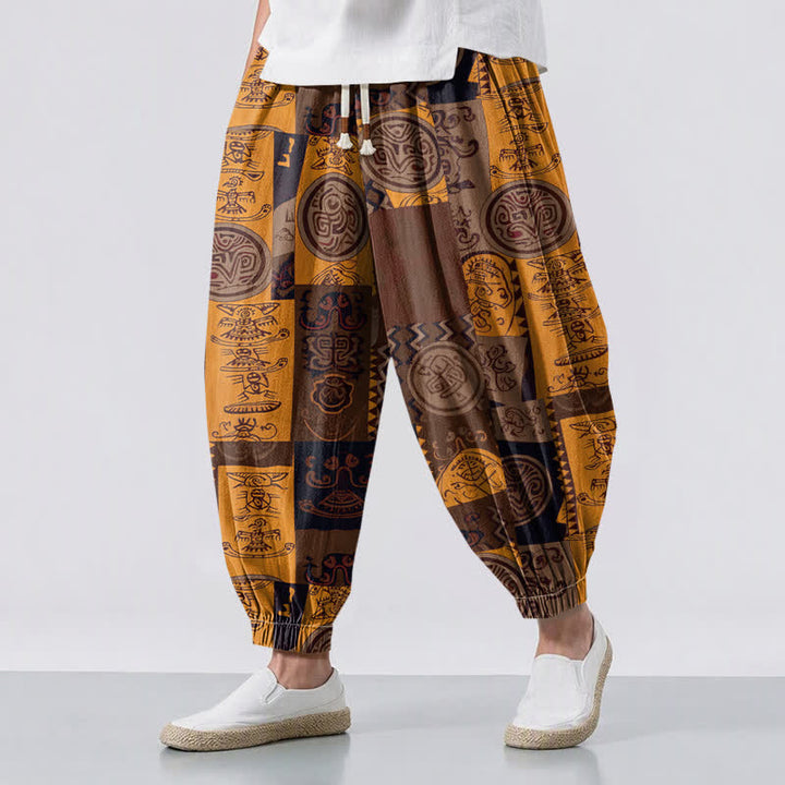 Buddha Stones Herren-Haremshose aus reiner Baumwolle mit Tribal-Medaillon-Patchworkmuster, Kordelzug und Taschen - Sattelbraun - US/UK/AU50, EU60 (5XL) - image 12