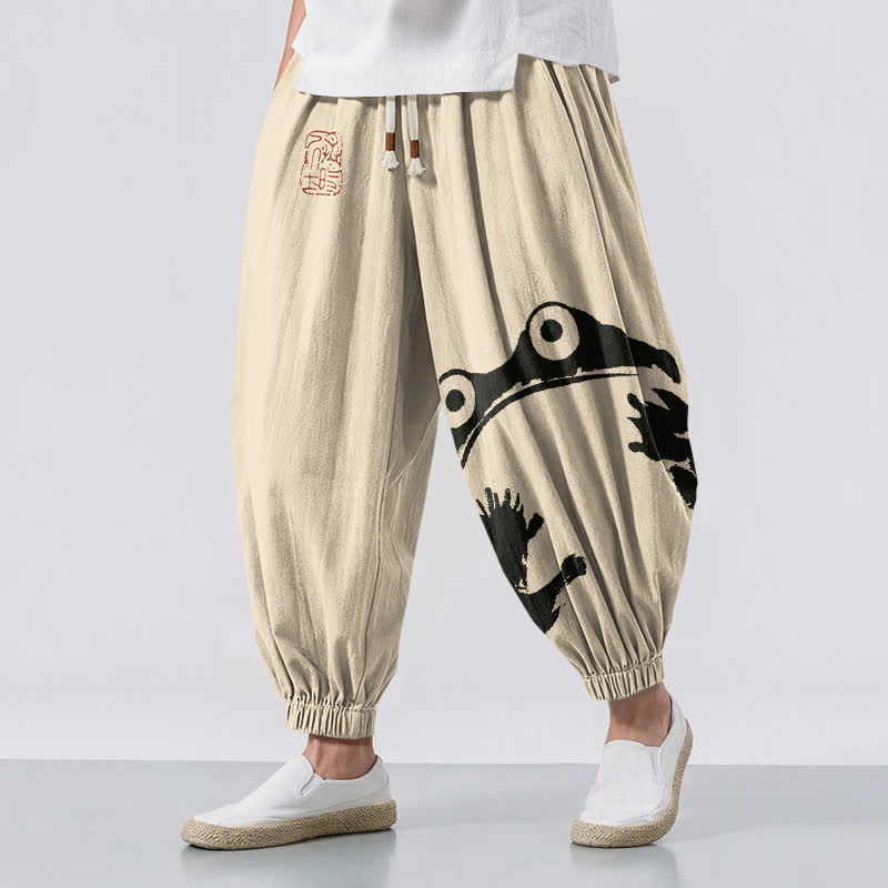 Buddha Stones Herren-Haremshose aus reiner Baumwolle mit verspieltem Froschmuster, Kordelzug und Taschen - Beige - US/UK/AU50, EU60 (5XL) - image 0