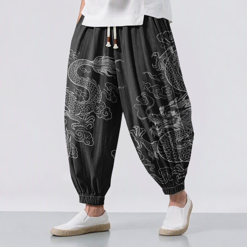 Buddha Stones Herren-Haremshose aus reiner Baumwolle mit Drachen- und Wolkenmuster, Kordelzug und Taschen - Schwarz - US/UK/AU50, EU60 (5XL) - image 0