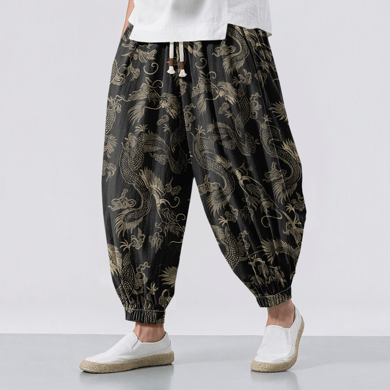 Buddha Stones Herren-Haremshose aus reiner Baumwolle mit mythischem Drachen- und Wolkenmuster, Kordelzug und Taschen - Schwarz - US/UK/AU50, EU60 (5XL) - image 0
