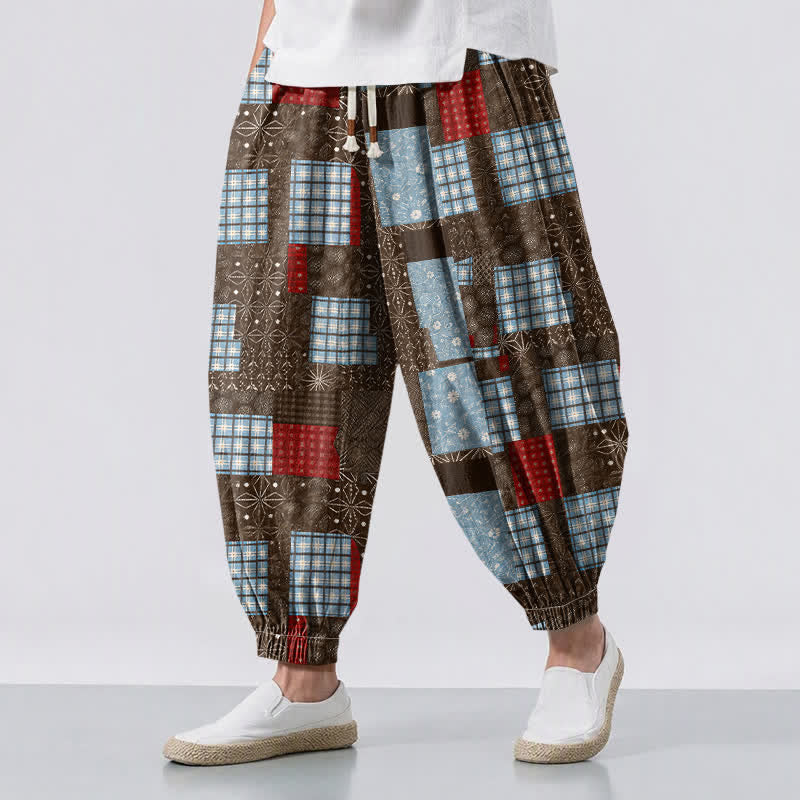 Buddha Stones Herren-Haremshose aus reiner Baumwolle mit Vintage-Patchwork-Karomuster, Kordelzug und Taschen - Sattelbraun - US/UK/AU50, EU60 (5XL) - image 0