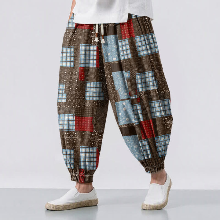 Buddha Stones Herren-Haremshose aus reiner Baumwolle mit Vintage-Patchwork-Karomuster, Kordelzug und Taschen - Sattelbraun - US/UK/AU50, EU60 (5XL) - image 0