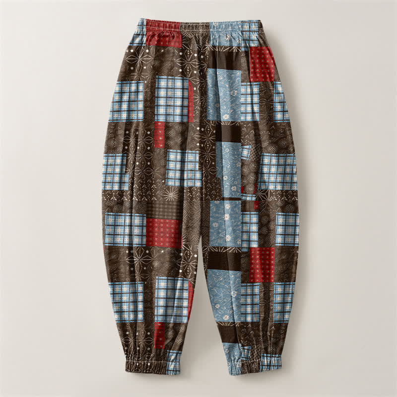 Buddha Stones Herren-Haremshose aus reiner Baumwolle mit Vintage-Patchwork-Karomuster, Kordelzug und Taschen - image 2