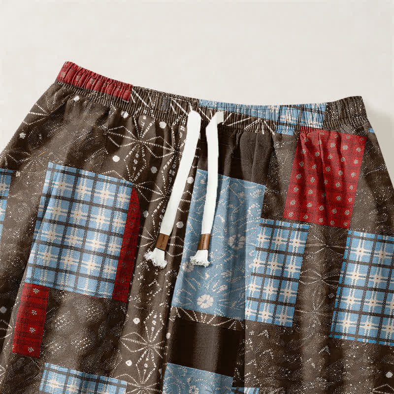 Buddha Stones Herren-Haremshose aus reiner Baumwolle mit Vintage-Patchwork-Karomuster, Kordelzug und Taschen - image 3