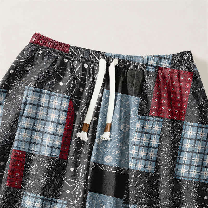 Buddha Stones Herren-Haremshose aus reiner Baumwolle mit Vintage-Patchwork-Karomuster, Kordelzug und Taschen - image 9