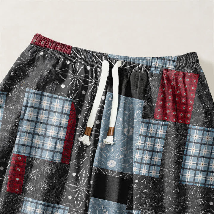Buddha Stones Herren-Haremshose aus reiner Baumwolle mit Vintage-Patchwork-Karomuster, Kordelzug und Taschen - image 9