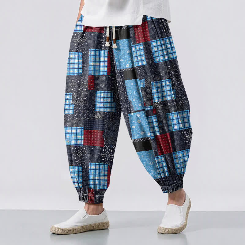 Buddha Stones Herren-Haremshose aus reiner Baumwolle mit Vintage-Patchwork-Karomuster, Kordelzug und Taschen - Himmelblau - US/UK/AU50, EU60 (5XL) - image 12