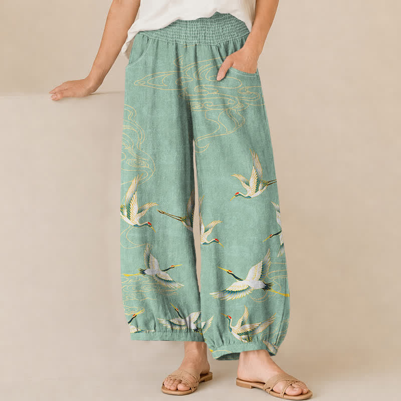 Buddha Stones Baumwoll-Haremshose für Damen mit orientalischem Kranich- und Wolkenmuster, Falten, elastischem Bund und Taschen - Mittel-Aquamarin - US16, UK/AU20, EU48 (3XL) - image 0