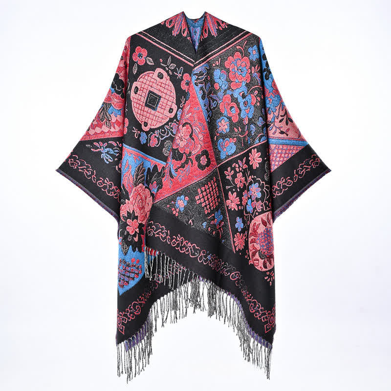 Buddha Stones Boho-Schal für Damen, Herbst/Winter, mit Blumenmuster, Patchwork und Quasten - image 1