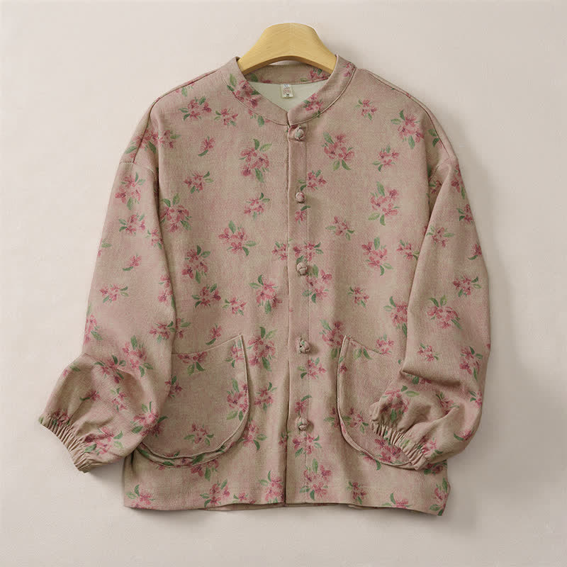 Buddha Stones Vintage-Damenjacke im Tang-Stil mit Stehkragen, Blumenmuster und Tasche für Herbst und Winter - Blassviolettrot - US8-10, UK/AU12-14, EU40-42 (2XL) - image 0