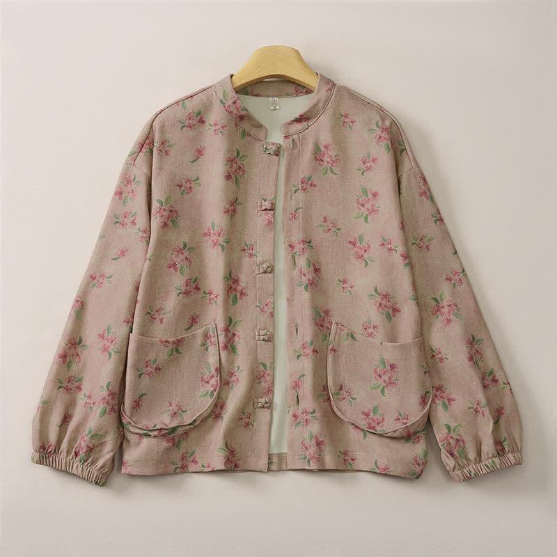 Buddha Stones Vintage-Damenjacke im Tang-Stil mit Stehkragen, Blumenmuster und Tasche für Herbst und Winter - image 1