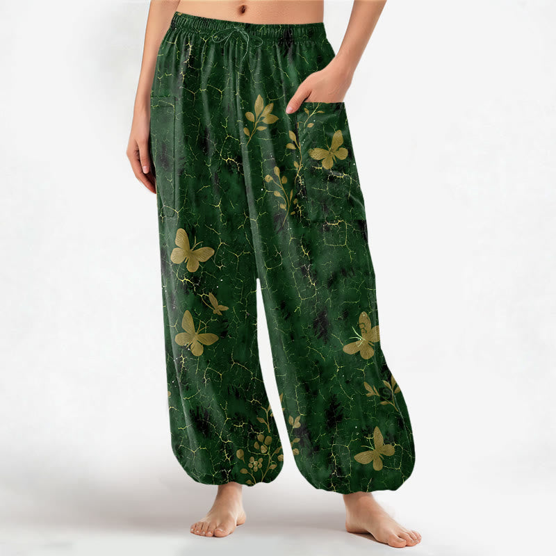 Buddha Stones Baumwoll-Haremshose für Damen mit botanischem Schmetterlingsmuster, elastischem Bund und Seitentaschen - Waldgrün - US16, UK/AU20, EU48 (3XL) - image 0