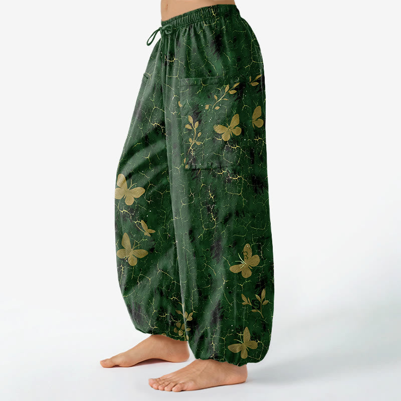 Buddha Stones Baumwoll-Haremshose für Damen mit botanischem Schmetterlingsmuster, elastischem Bund und Seitentaschen - image 1