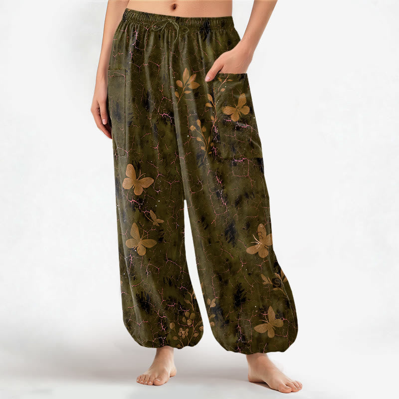 Buddha Stones Baumwoll-Haremshose für Damen mit botanischem Schmetterlingsmuster, elastischem Bund und Seitentaschen - Olive - US16, UK/AU20, EU48 (3XL) - image 7