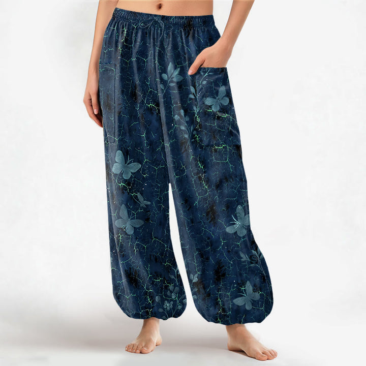 Buddha Stones Baumwoll-Haremshose für Damen mit botanischem Schmetterlingsmuster, elastischem Bund und Seitentaschen - Marine - US16, UK/AU20, EU48 (3XL) - image 10