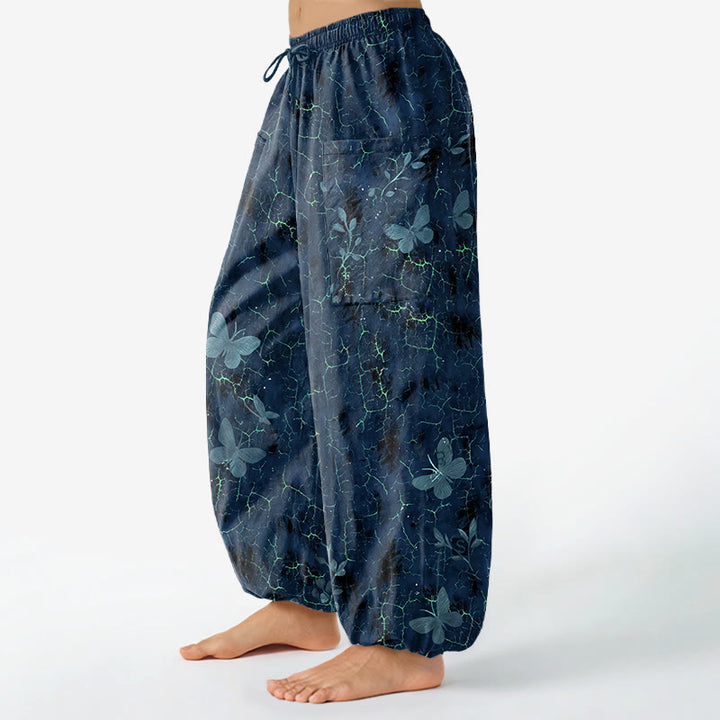 Buddha Stones Baumwoll-Haremshose für Damen mit botanischem Schmetterlingsmuster, elastischem Bund und Seitentaschen - image 11