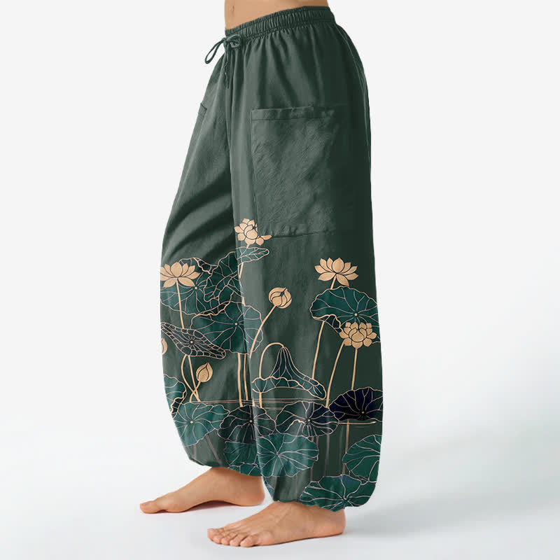 Buddha Stones Baumwoll-Haremshose für Damen mit Zen-Lotusgarten-Muster, elastischem Bund und Seitentaschen - image 1