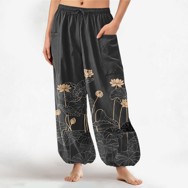 Buddha Stones Baumwoll-Haremshose für Damen mit Zen-Lotusgarten-Muster, elastischem Bund und Seitentaschen - Schwarz - US16, UK/AU20, EU48 (3XL) - image 10