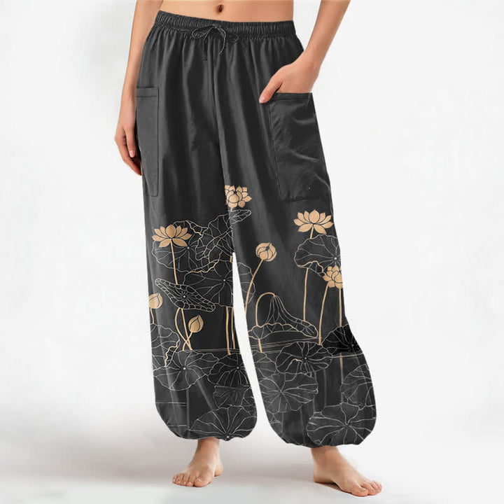 Buddha Stones Baumwoll-Haremshose für Damen mit Zen-Lotusgarten-Muster, elastischem Bund und Seitentaschen - Schwarz - US16, UK/AU20, EU48 (3XL) - image 10