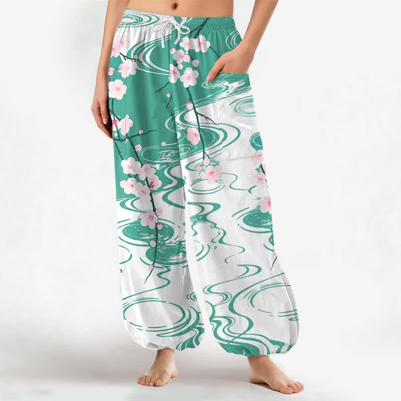Buddha Stones Baumwoll-Haremshose für Damen mit Kirschblüten- und Wasserwellenmuster, elastischem Bund und Seitentaschen - Aquamarin - US16, UK/AU20, EU48 (3XL) - image 7