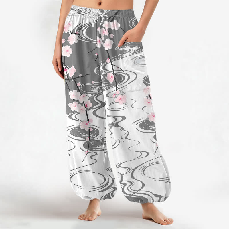 Buddha Stones Baumwoll-Haremshose für Damen mit Kirschblüten- und Wasserwellenmuster, elastischem Bund und Seitentaschen - Grau - US16, UK/AU20, EU48 (3XL) - image 10