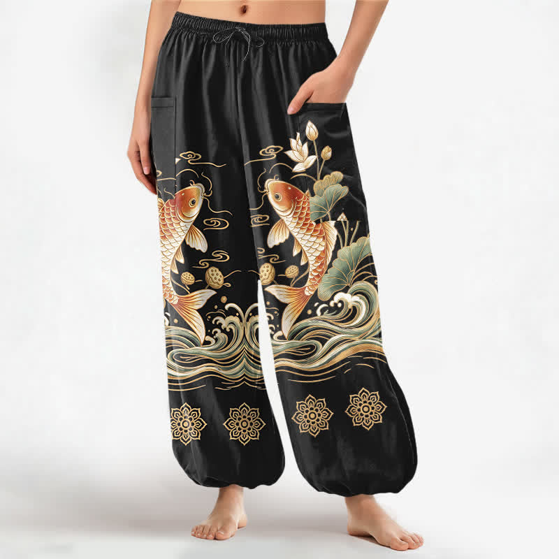 Buddha Stones Baumwoll-Haremshose für Damen mit goldenem Koi-Lotus-Wellenmuster, elastischem Bund und Seitentaschen - Schwarz - US16, UK/AU20, EU48 (3XL) - image 0