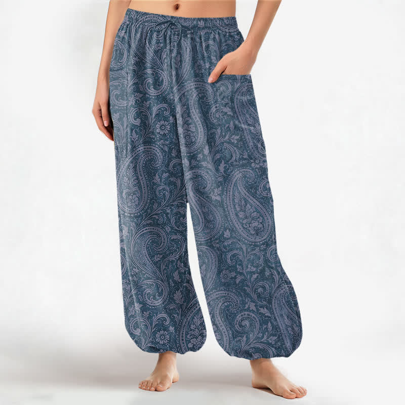 Buddha Stones Baumwoll-Haremshose für Damen mit Vintage-Paisley-Muster, elastischem Bund und Seitentaschen - SteelBlue - US16, UK/AU20, EU48 (3XL) - image 0