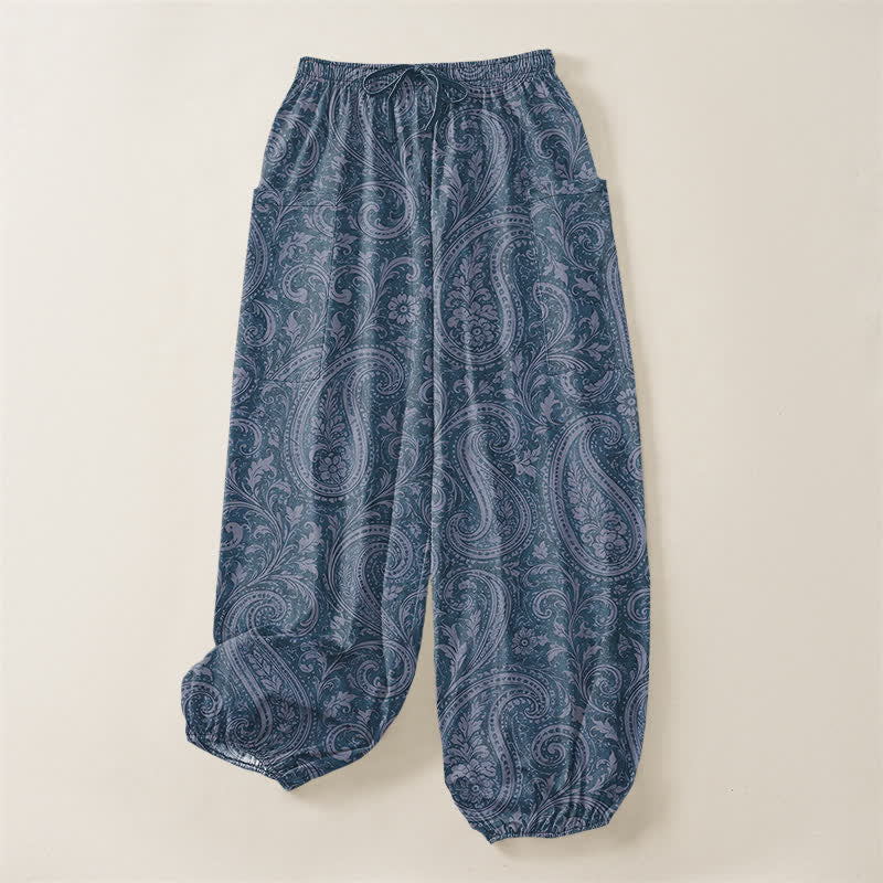 Buddha Stones Baumwoll-Haremshose für Damen mit Vintage-Paisley-Muster, elastischem Bund und Seitentaschen - image 3