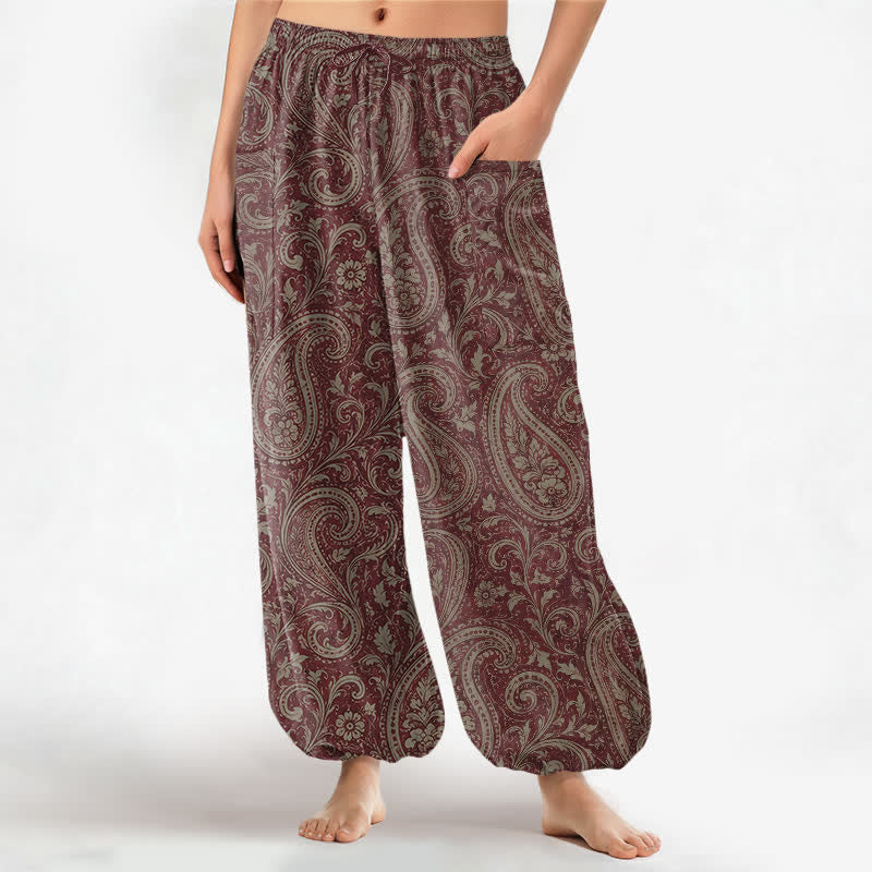 Buddha Stones Baumwoll-Haremshose für Damen mit Vintage-Paisley-Muster, elastischem Bund und Seitentaschen - Kastanienbraun - US16, UK/AU20, EU48 (3XL) - image 7