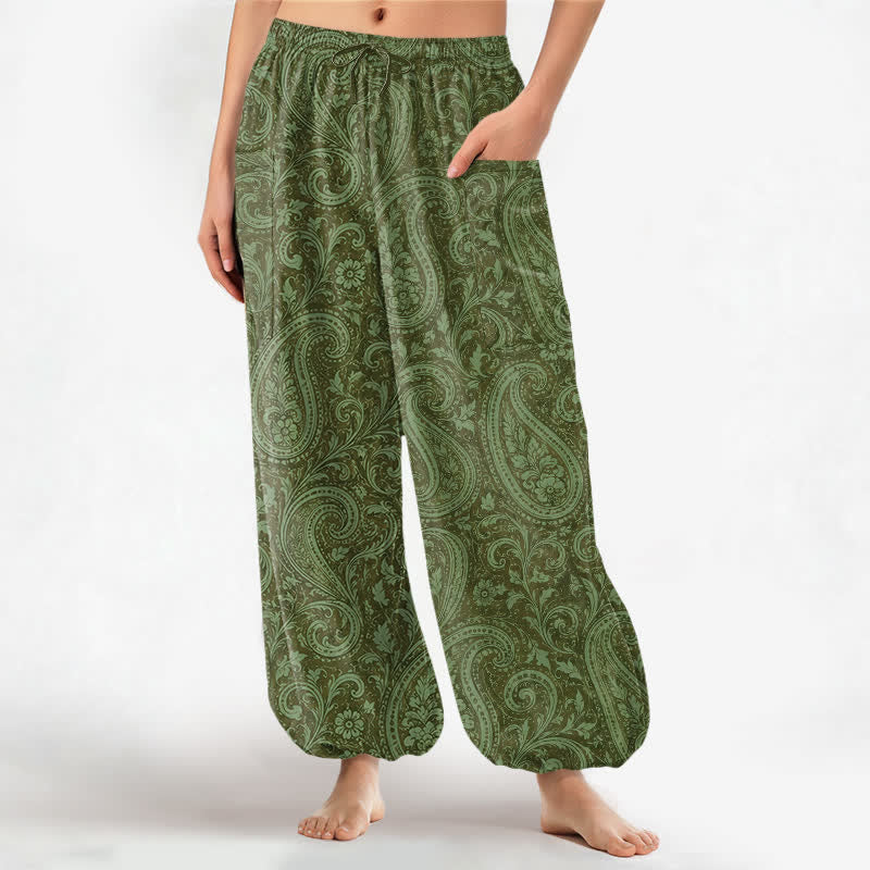 Buddha Stones Baumwoll-Haremshose für Damen mit Vintage-Paisley-Muster, elastischem Bund und Seitentaschen - Olivgrün - US16, UK/AU20, EU48 (3XL) - image 10