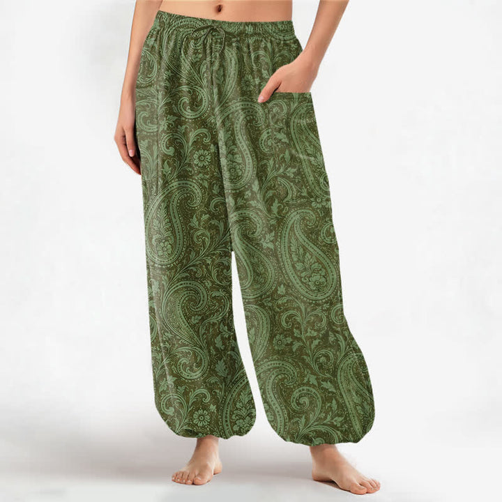 Buddha Stones Baumwoll-Haremshose für Damen mit Vintage-Paisley-Muster, elastischem Bund und Seitentaschen - Olivgrün - US16, UK/AU20, EU48 (3XL) - image 10