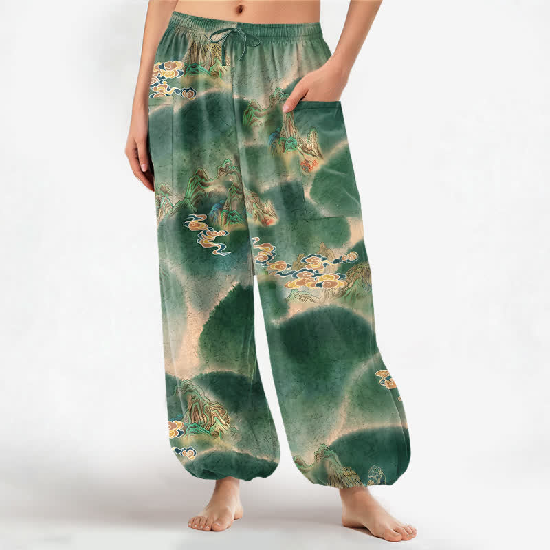 Buddha Stones Baumwoll-Haremshose für Damen mit elastischem Bund und Seitentaschen, Muster „Nebellandschaft“ - SeaGreen - US16, UK/AU20, EU48 (3XL) - image 0
