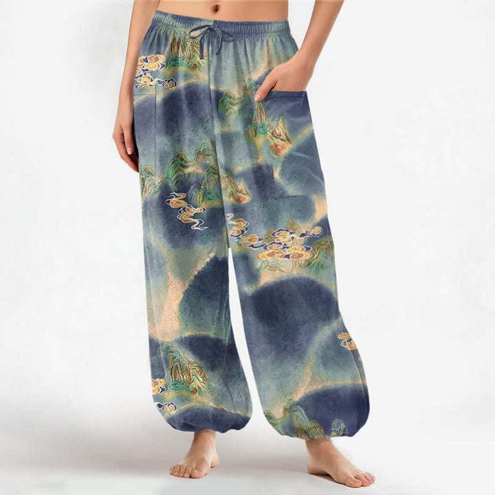 Buddha Stones Baumwoll-Haremshose für Damen mit elastischem Bund und Seitentaschen, Muster „Nebellandschaft“ - SteelBlue - US16, UK/AU20, EU48 (3XL) - image 7