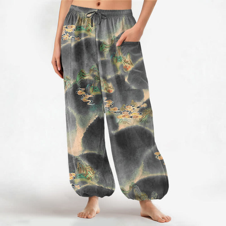 Buddha Stones Baumwoll-Haremshose für Damen mit elastischem Bund und Seitentaschen, Muster „Nebellandschaft“ - Dunkelgrau - US16, UK/AU20, EU48 (3XL) - image 10
