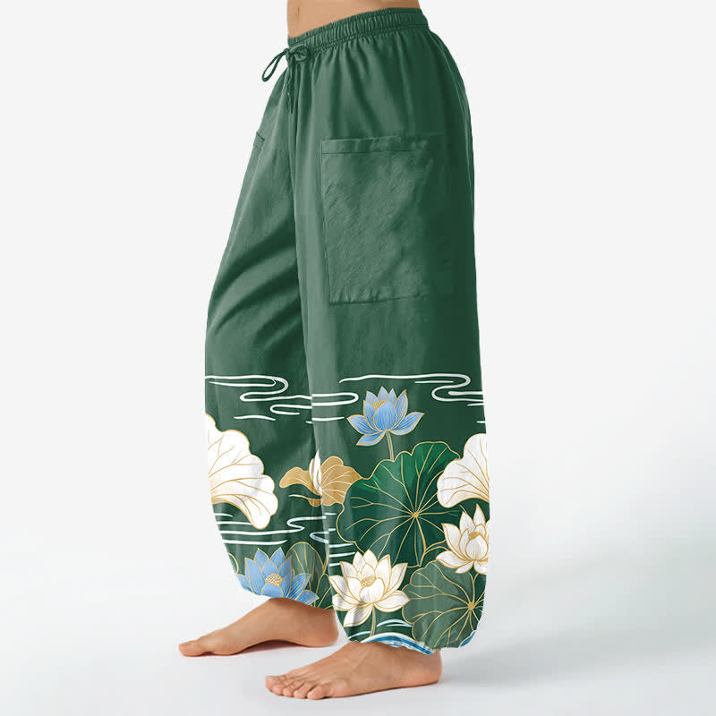 Buddha Stones Haremshose aus Baumwolle mit Lotusblatt-Wellenmuster, elastischem Bund und Seitentaschen für Damen - image 1