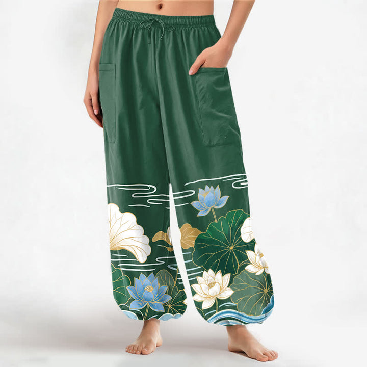 Buddha Stones Haremshose aus Baumwolle mit Lotusblatt-Wellenmuster, elastischem Bund und Seitentaschen für Damen - Waldgrün - US16, UK/AU20, EU48 (3XL) - image 0