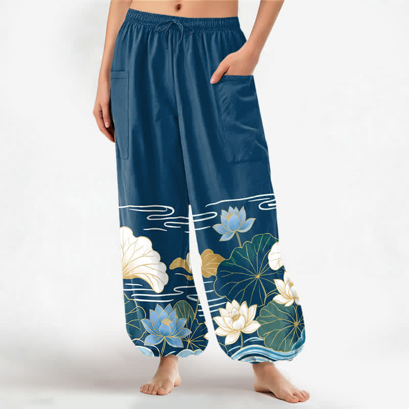 Buddha Stones Haremshose aus Baumwolle mit Lotusblatt-Wellenmuster, elastischem Bund und Seitentaschen für Damen - SteelBlue - US16, UK/AU20, EU48 (3XL) - image 7