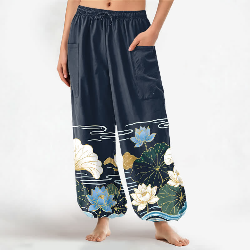 Buddha Stones Haremshose aus Baumwolle mit Lotusblatt-Wellenmuster, elastischem Bund und Seitentaschen für Damen - Mitternachtsblau - US16, UK/AU20, EU48 (3XL) - image 10