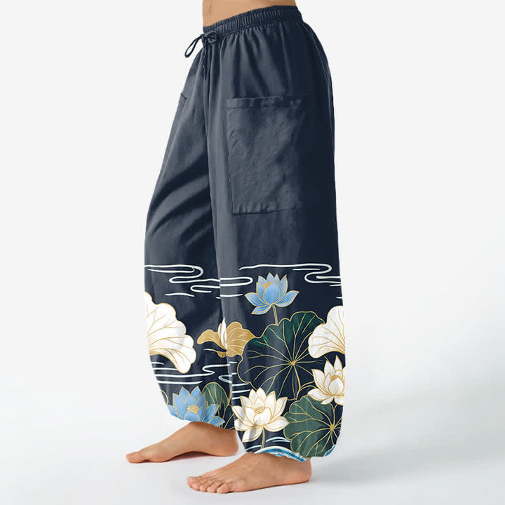 Buddha Stones Haremshose aus Baumwolle mit Lotusblatt-Wellenmuster, elastischem Bund und Seitentaschen für Damen - image 11