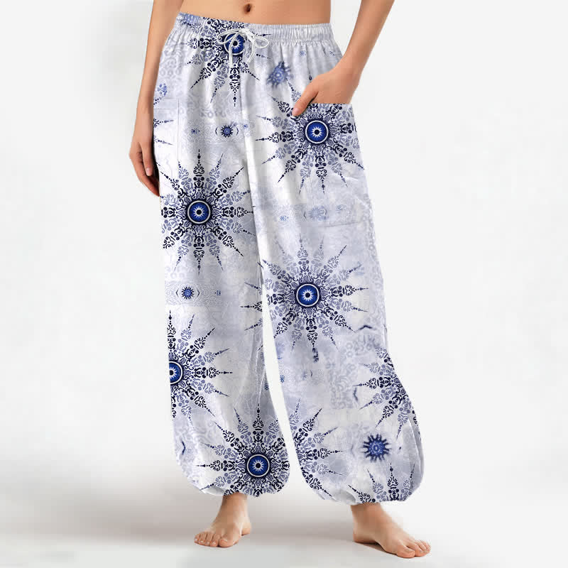 Buddha Stones Baumwoll-Haremshose für Damen mit geometrischem Medaillonmuster im Bohème-Stil, elastischem Bund und Seitentaschen - AliceBlue - US16, UK/AU20, EU48 (3XL) - image 10
