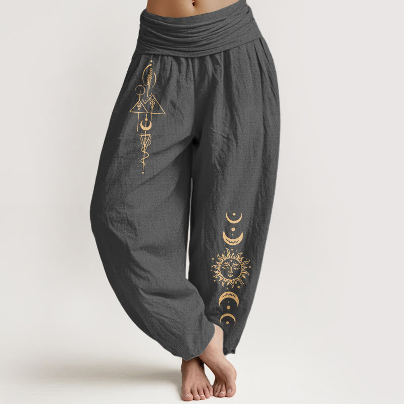 Buddha Stones Damen-Haremshose aus reiner Baumwolle mit schlichtem geometrischem Sonnen- und Mondmuster sowie elastischem Bund - DimGray - US16, UK/AU20, EU48 (3XL) - image 8