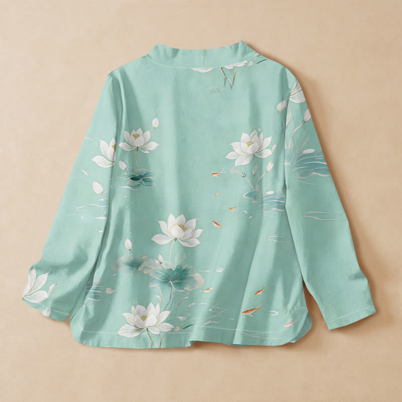 Buddha Stones Baumwollbluse im Hanfu-Stil mit Lotus-Koi-Fisch-Print, Wickeloptik, V-Ausschnitt und Schnürung, Langarmshirt für Damen - image 1