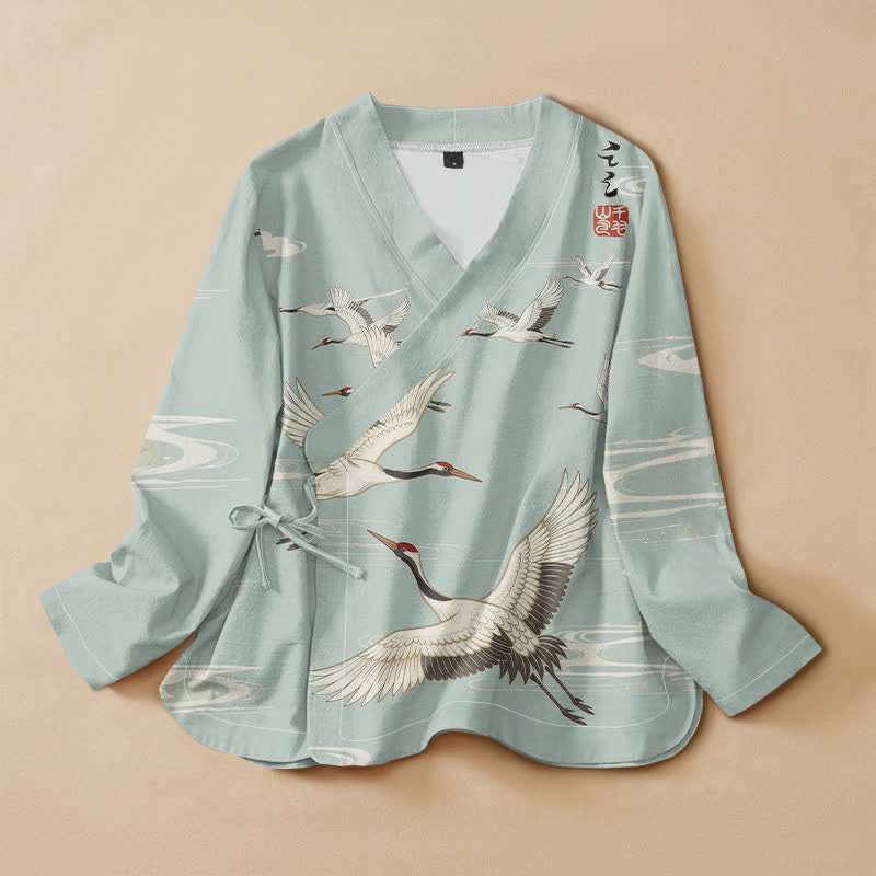 Buddha Stones Langarmshirt aus Baumwolle mit fliegendem Kranich- und Wasserwellenmuster im Hanfu-Stil, Wickeloptik, V-Ausschnitt und Schnürung, Damen - Helltürkis - US16, UK/AU20, EU48 (3XL) - image 0