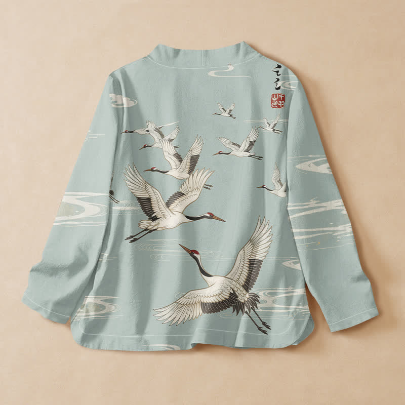 Buddha Stones Langarmshirt aus Baumwolle mit fliegendem Kranich- und Wasserwellenmuster im Hanfu-Stil, Wickeloptik, V-Ausschnitt und Schnürung, Damen - image 1