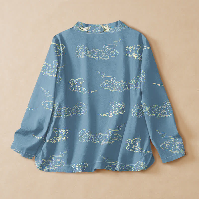 Buddha Stones Langarmshirt aus Baumwolle mit Wolkenkranich-Print im Hanfu-Stil, Wickeloptik, V-Ausschnitt und Schnürung, Damen - image 1