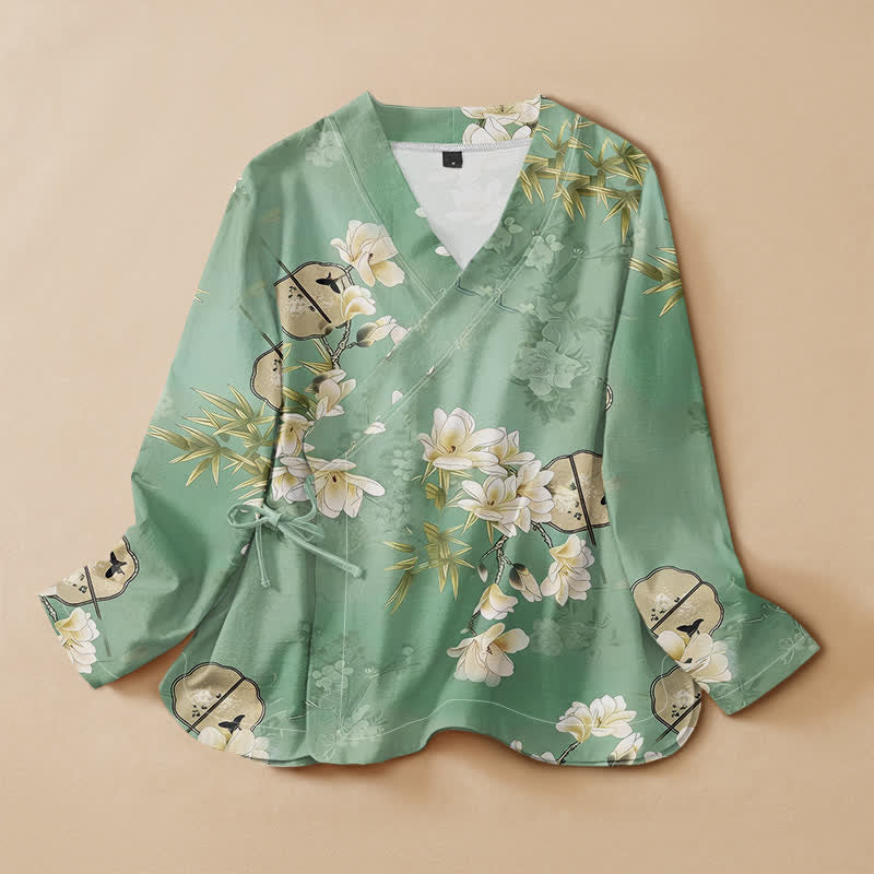 Buddha Stones Baumwoll-Magnolia-Bambus-Fächerdruck Hanfu-Stil Wickelbluse mit V-Ausschnitt und Schnürung Damen Langarmhemd - Mittelaquamarin - US16, UK/AU20, EU48 (3XL) - image 0